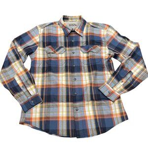 Eddie Bauer Men's M Blue Plaid Button Front Shirt Gold Orange Stretch Pockets